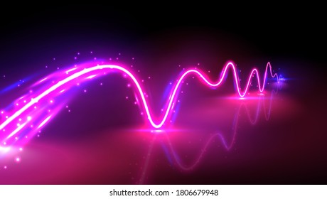 Realistic neon pink and blue wave with reflections, vector illustration