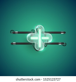 Realistic neon 'plus sign' character with plastic case around, vector illustration