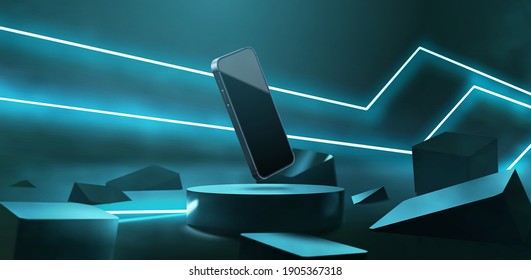 Realistic neon podium scene for product display or presentation. Futuristic neon laser beam light illustration vector. 3d modern smartphone mockup