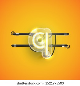 Realistic neon Q character with plastic case around, vector illustration