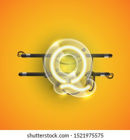 Realistic neon Q character with plastic case around, vector illustration