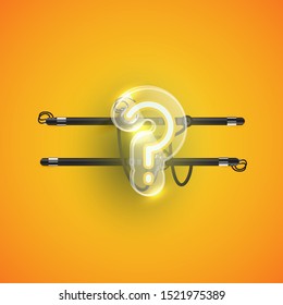 Realistic neon 'question mark' character with plastic case around, vector illustration