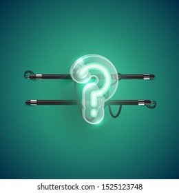 Realistic neon 'question mark' character with plastic case around, vector illustration
