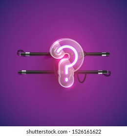 Realistic neon 'question mark' character with plastic case around, vector illustration