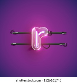 Realistic neon R character with plastic case around, vector illustration