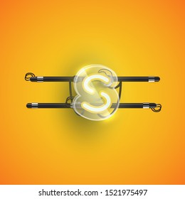 Realistic neon S character with plastic case around, vector illustration