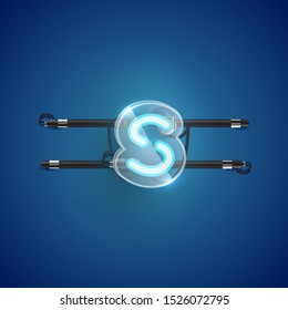 Realistic neon S character with plastic case around, vector illustration