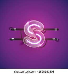 Realistic neon S character with plastic case around, vector illustration