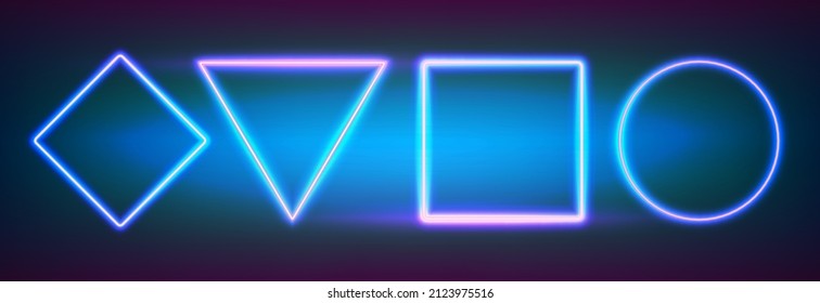 Realistic neon set frames different geometric shapes with led backlighting. Glowing fluorescent border on dark background. Bright illuminated shape of triangle, square, circle and rhombus form.