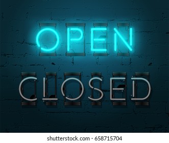 Realistic neon sign with glowing "Open" inscription and non glowing "closed" inscription on brick wall background.