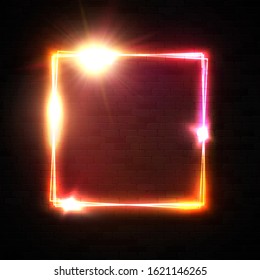 Realistic neon square sign on black brick wall background. Glowing rectangle frame with shining star sparkle on dark red for night bar street decoration covering. Bright electric vector illustration.