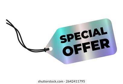 Realistic neon sticker, label, tag with holographic effect. Shiny rainbow emblem, hologram Special Offer. Isolated on transparent background Vector EPS10


