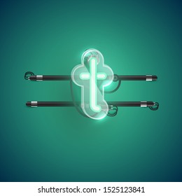 Realistic neon T character with plastic case around, vector illustration