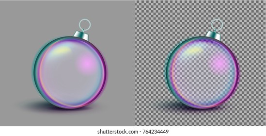 Realistic  neon transparent Christmas ball. New year toy.