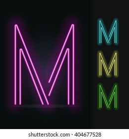Realistic neon tube alphabet. Vector illustration. Letter M