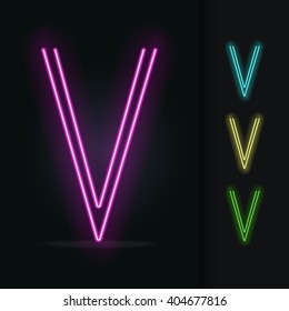 Realistic neon tube alphabet. Vector illustration. Letter V