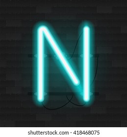 Realistic Neon Tube Alphabet. Vector 3D Illustration. Letter N