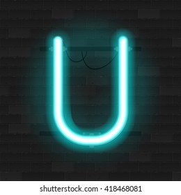 Realistic neon tube alphabet. Vector 3D illustration. Letter U