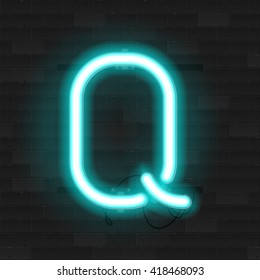 Realistic neon tube alphabet. Vector 3D illustration. Letter Q