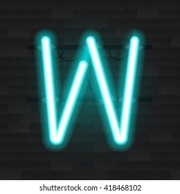 Realistic neon tube alphabet. Vector 3D illustration. Letter W