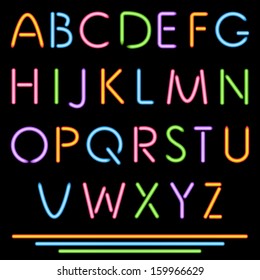 Realistic Neon Tube Letters. Alphabet, ABC, Font. Multicolor. Vector. No Mesh Used.