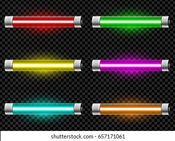 Realistic neon tube light pack isolated on dark transparent background. Vector illustration