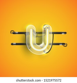 Realistic neon U character with plastic case around, vector illustration