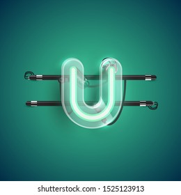 Realistic neon U character with plastic case around, vector illustration