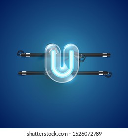 Realistic neon U character with plastic case around, vector illustration