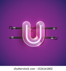 Realistic neon U character with plastic case around, vector illustration