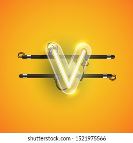 Realistic neon V character with plastic case around, vector illustration