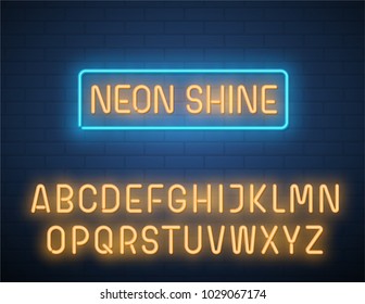 Realistic neon vector font on brick wall.