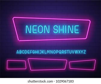 Realistic neon vector font on brick wall.