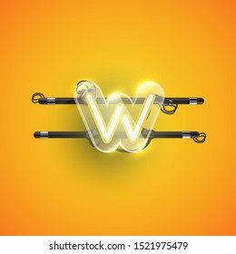 Realistic neon W character with plastic case around, vector illustration