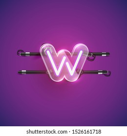 Realistic neon W character with plastic case around, vector illustration