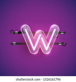 Realistic neon W character with plastic case around, vector illustration