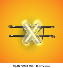 Realistic neon X character with plastic case around, vector illustration