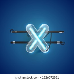 Realistic neon X character with plastic case around, vector illustration