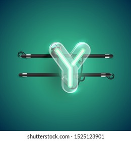Realistic neon Y character with plastic case around, vector illustration