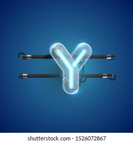 Realistic neon Y character with plastic case around, vector illustration