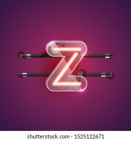 Realistic neon Z character with plastic case around, vector illustration