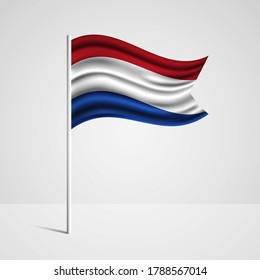 Realistic Netherlands country flag waving in wind. Abstract country flag with flagpole isolated on grey background
