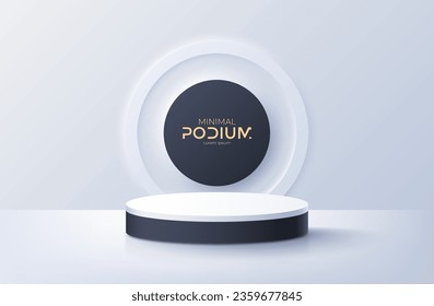 Realistic neumorphic studio. White podium in front of white concentric circles with glow. Vector illustration for website, presentation or print materials