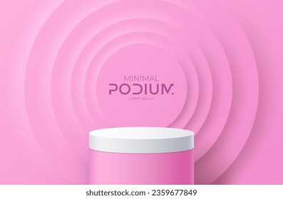 Realistic neumorphic studio. White podium in front of pink concentric circles with glow. Vector illustration for website, presentation or print materials