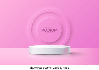 Realistic neumorphic studio. White podium in front of pink concentric circles with glow. Vector illustration for website, presentation or print materials