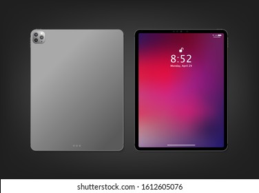 Realistic new 2020 tablet computer mockup design with abstract colored geometric wallpaper. Modern tablet PC isolated on dark grey background. Vector Illustration