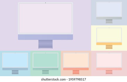 Realistic new 2021 colors computer monitor mock up with blank frameless screen - front view. Vector illustration