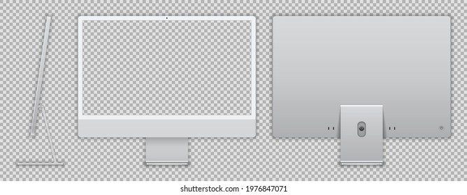 Realistic New Desktop Computer with Transparent Screen and Background Isolated. Silver Color. Front and Back Display View. Set of Device Mockup Separate Groups and Layers. Easily Editable Vector.