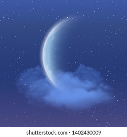 Realistic new moon, clouds and stars on the background of the night sky