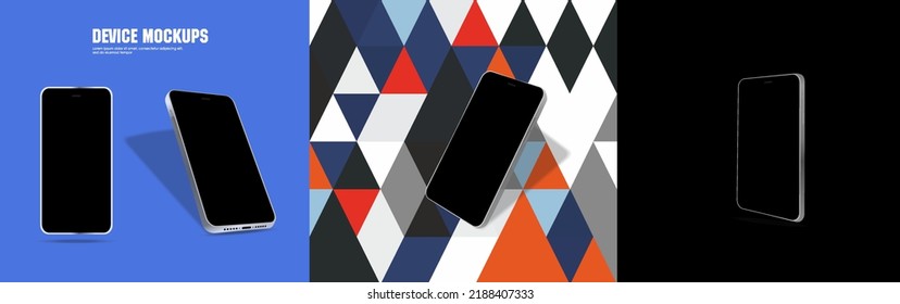 Realistic new smartphon with black screen from different angles. Smartphon  presentation with blank screen. Creative template with the presentation of the new smartphone